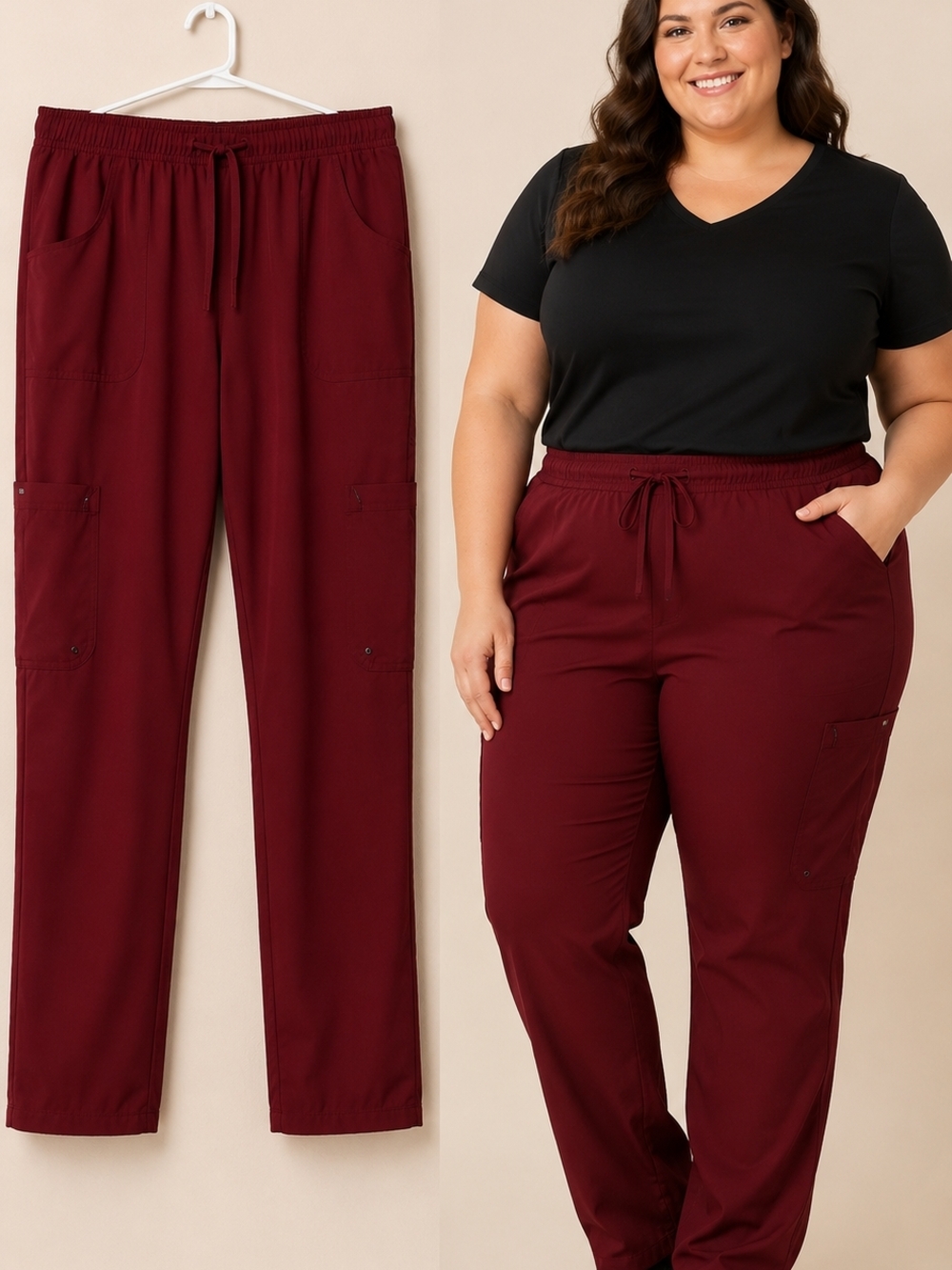Plus Size Burgundy Scrub Utility Cargo Pants - Drawstring Waist